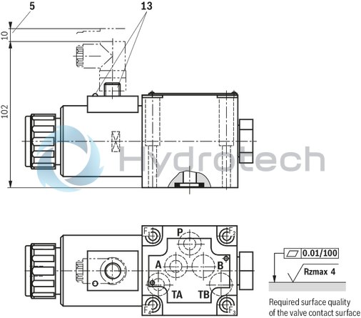 technical illustration-R901351760-Direct operated directional seat valve with solenoid actuation Subplates (separate order) Blocked connection is leak-tight Reliable switching when under pressure over longer periods of standstill Wet-pin DC solenoids with detachable coil (AC voltage possible by means of a rectifier) Solenoid coil is rotatable by 90&deg; The coil can be changed without having to open the pressure-tight chamber Electrical connection as individual connection With concealed manual override, optional Inductive position switch and proximity sensors (contactless)