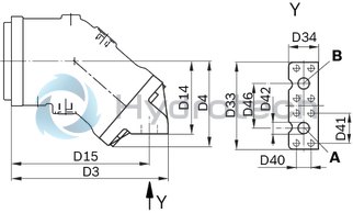 technical illustration-R902160046-Large variety of available nominal sizes allows exact adjustment to the application High power density Very high total efficiency High starting efficiency Working ports SAE flange or thread Optional with integrated pressure relief valve Optional with mounted addifitonal valve: counterbalance valve (BVD/BVE), flushing and boost-pressure valve Bent-axis design