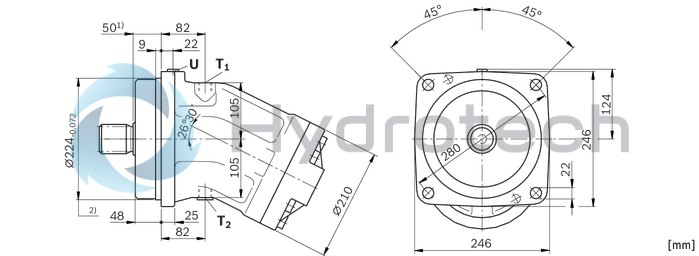 technical illustration-R902160930-Large variety of available nominal sizes allows exact adjustment to the application High power density Very high total efficiency High starting efficiency Working ports SAE flange or thread Optional with integrated pressure relief valve Optional with mounted addifitonal valve: counterbalance valve (BVD/BVE), flushing and boost-pressure valve Bent-axis design
