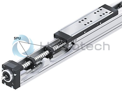 technical illustration-R117300761-The Rexroth Ball Rail System and the Rexroth precision Ball Screw Assembly feature one-point lubrication from both sides; one-point lubrication is only suitable for grease lubrication with a manual grease gun Individual lubrication versions for connection to one-point lubrication systems (only for product generation 3) Rexroth precision ball screw assembly in rolled design with backlash-free, cylindrical single nut, tolerance grade 7, and leads of up to 40 mm Attachments are fastened to the carriage using T-slots or threaded holes Ball Guide Rail and Ball Screw with corrosion-resistant coating, Ball Runner Block made of corrosion-resistant steel (only for product generation 3) Absolute position measuring system IMS-A directly integrated into the guide system (for MKK-080 and MKK-110, product generation 3) Motor attachment via mount and coupling or via timing belt side drive Servo motor with multi-turn encoder, 1-cable or 2-cable connection, with or without holding brake Magnetic field sensors can be mounted without additional attachments directly onto the profile body (only for product generation&nbsp;3) Switch (proximity or mechanical), cable duct, socket-plug and extension cable Extensive accessories for connection and clamping elements Nameplate with technical parameters for easy start-up