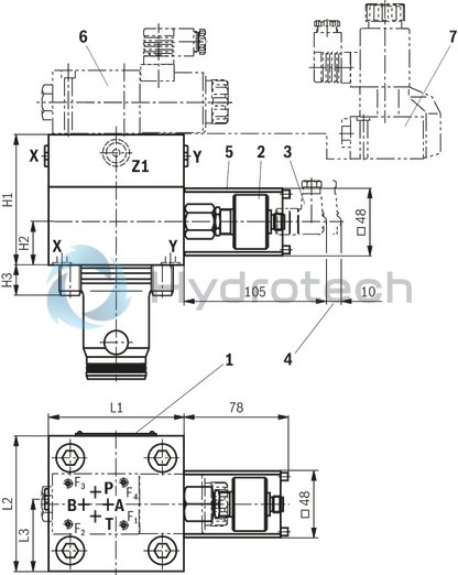 technical illustration-R900756312-Functional product design Modular set-up:&bull; Cartridge valve with various options&bull; Control cover in various variants for realization of selected functions&bull; Electric monitoring of the spool position Power and flow-optimized design:&bull; High flows&bull; Low pressure drops&bull; High switching velocities&bull; Low leakage oil flowsRobust design:&bull; High reliability&bull; Long life cycle Other features:&bull; Small installation size, low weight&bull; Easy to service