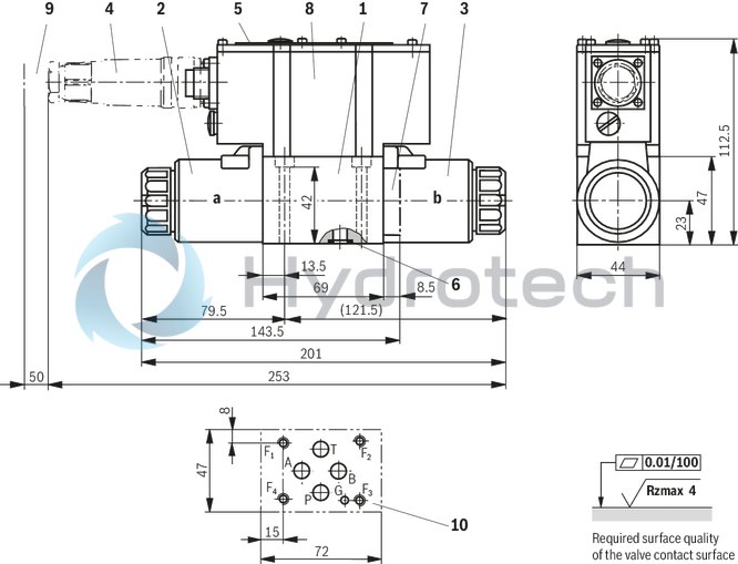 technical illustration-R900909658-Direct operated proportional directional valve, without electrical position feedback, with&nbsp;integrated electronics (OBE) Control of the direction and magnitude of a flow Operation by means of proportional solenoids with central thread and detachable coil For subplate mounting: Porting pattern according to ISO 4401 Spring-centered control spool
