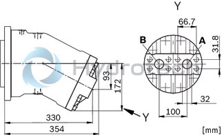 technical illustration-R902160046-Large variety of available nominal sizes allows exact adjustment to the application High power density Very high total efficiency High starting efficiency Working ports SAE flange or thread Optional with integrated pressure relief valve Optional with mounted addifitonal valve: counterbalance valve (BVD/BVE), flushing and boost-pressure valve Bent-axis design