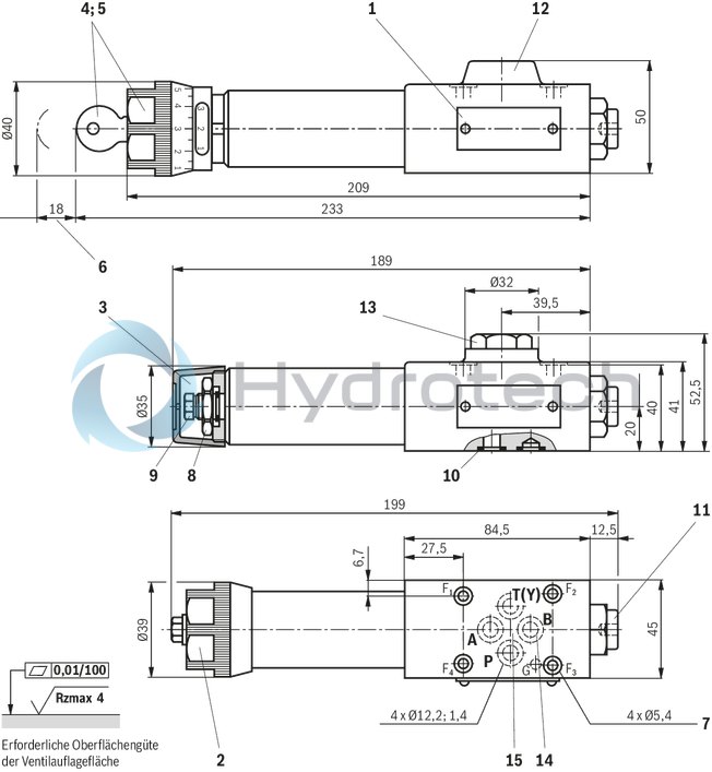 technical illustration-R900432949-For subplate mounting Porting pattern according to DIN 24340 form A Porting pattern according to ISO&nbsp;4401-03-02-0-05 (with locating hole) 4 optional adjustment types:&bull; Rotary knob&bull; Threaded pin with hexagon and protective cap&bull; Lockable rotary knob with scale&bull; Rotary knob with scale 5 pressure ratings Check valve, optional
