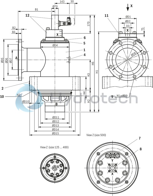 technical illustration-R900247925-Pilot operated check valve, with or without pre-decompression Flange connection Tank installation Cartridge valve without control open spool (check valve) Reduced switching noises due to damping measures Rotatable low-pressure connection (housing) Inductive position switch, optional Higher operating pressures, on request