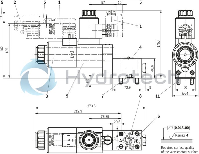 technical illustration-R901179659-Direct operated directional seat valve with solenoid actuation Porting pattern according to ISO&nbsp;4401-03-02-0-05 (with locating hole) Air-gap DC solenoid Electrical connection as individual connection Blocked port is leak-free closed Safe switching also with longer standstill periods under pressure