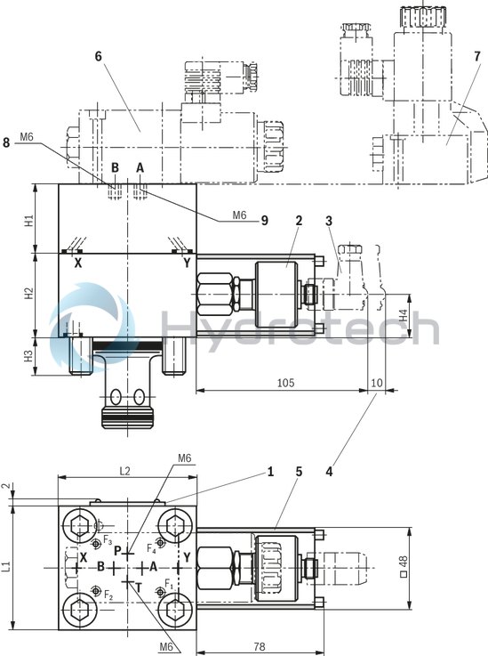 technical illustration-R900940720-Functional product design Modular set-up:&bull; Cartridge valve with various options&bull; Control cover in various variants for realization of selected functions&bull; Electric monitoring of the spool position Power and flow-optimized design:&bull; High flows&bull; Low pressure drops&bull; High switching velocities&bull; Low leakage oil flowsRobust design:&bull; High reliability&bull; Long life cycle Other features:&bull; Small installation size, low weight&bull; Easy to service