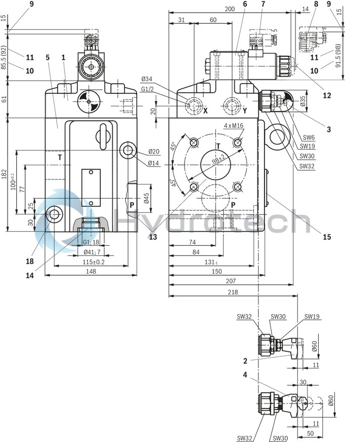 technical illustration-R901353650-For flange connection For subplate mounting 3 adjustment elements for pressure adjustment, optional:<br>
&bull; Sleeve with hexagon and protective cap<br>
&bull; Rotary knob<br>
&bull; Lockable rotary knob Solenoid-actuated unloading via a built-on directional valve Pilot oil return, internal or external Remote control port, optional Main spool insert optionally as seat spool or as sliding spool design