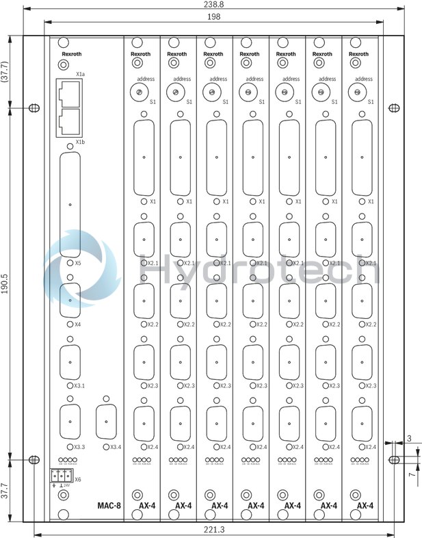 technical illustration-R901075738-The MAC8 is the digital Rexroth multi-axis NC control in modular design. It consists of a master card with no, 2 or 4 axis controllers and can be extended with up to seven slave cards for four axes each, if necessary. It is thus the perfect solution for complex control tasks with up to 32 interpolatable axes. Using local Ethernet, more MAC8 can be connected. The MAC8 communicates with the superior PLC machine control via field bus (PROFIBUS DP or CAN) or via Ethernet. It has special hydraulic control characteristics and is able to control the movements of the machine or machine parts in a completely automatic manner and can thus also accept PLC tasks. Sensors and actuators can also be analyzed and/or activated via CAN bus.