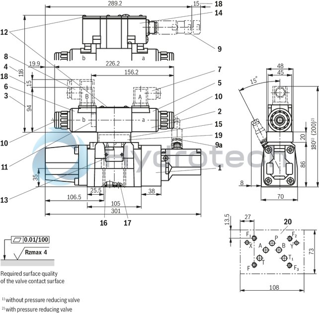 technical illustration-R901155719-Pilot-operated, 2-stage proportional directional valves with integrated electronics (OBE) Switching position indicator In connection with a contact shut-off, the valve complies with the requirements for safety-related components of a control according to category 4, EN ISO 13849-1:2006 Suitable for use in safety-related parts of controls according to category 4, EN ISO 13849-1:2006 Control of the direction and magnitude of a flow Operation by means of proportional solenoids with central thread and detachable coil For subplate mounting: Porting pattern according to ISO 4401 Optional auxiliary operating device Spring-centered control spool