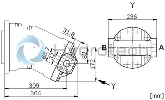 technical illustration-R902160046-Large variety of available nominal sizes allows exact adjustment to the application High power density Very high total efficiency High starting efficiency Working ports SAE flange or thread Optional with integrated pressure relief valve Optional with mounted addifitonal valve: counterbalance valve (BVD/BVE), flushing and boost-pressure valve Bent-axis design