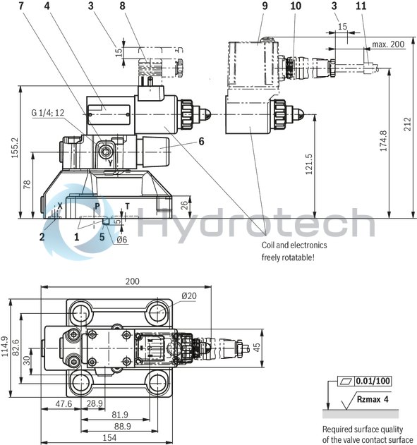 technical illustration-R901353020-Pilot-operated valves for system pressure limitation Controlled by proportional solenoid For subplate mounting and threaded connection: porting pattern according to ISO 6264 Maximum pressure relief function Valve and control electronics from a single source External control electronics (separate order)