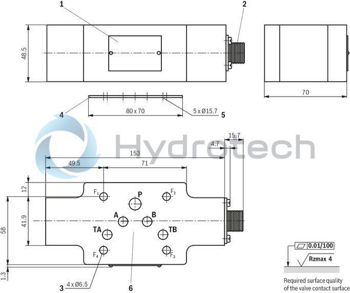 technical illustration-R901162976-Sandwich plate valve Porting pattern according to ISO&nbsp;4401-05-04-0-05 For limiting the main or pilot flow of two consumer ports Adjustment type: Spindle with internal hexagon and scale