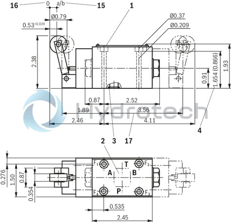 technical illustration-R901139843-4/3-, 4/2- or 3/2-way version Porting pattern according to DIN&nbsp;24340 form A (without locating hole) Porting pattern according to ISO&nbsp;4401-03-02-0-05 (with locating hole) Type of actuation: Roller plunger Inductive position switch and proximity sensors (contactless)