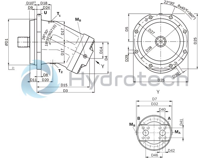 technical illustration-R902160930-Large variety of available nominal sizes allows exact adjustment to the application High power density Very high total efficiency High starting efficiency Working ports SAE flange or thread Optional with integrated pressure relief valve Optional with mounted addifitonal valve: counterbalance valve (BVD/BVE), flushing and boost-pressure valve Bent-axis design
