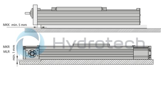 technical illustration-R039013001-Protection of the guideway and drive components by sealing strip (excluding MKK-165) Idler (non-drive) end enclosure: with integrated belt-tensioning system. The belt pulley system is equipped with ball bearings that have lifelong lubrication The Rexroth Ball Rail System features one-point lubrication from both sides; one-point lubrication is only suitable for grease lubrication with a manual grease gun Individual lubrication versions for connection to one-point lubrication systems (only for product generation 3) Attachments are fastened to the carriage using T-slots or threaded holes Ball Guide Rail with corrosion-resistant coating, Ball Runner Block made of corrosion-resistant steel (only for product generation 3) Absolute position measuring system IMS-A directly integrated into the guide system (for MKR-080 and MKR-110, product generation 3) With planetary gearbox with various gear ratios and versions for optimizing external load to motor inertia. Servo motor with multi-turn encoder, 1-cable or 2-cable connection, with or without holding brake Magnetic field sensors can be mounted without additional attachments directly onto the profile body (only for product generation&nbsp;3) Switch (proximity or mechanical), cable duct, socket-plug and extension cable Extensive accessories for connection and clamping elements and connecting shafts Nameplate with technical parameters for easy start-up