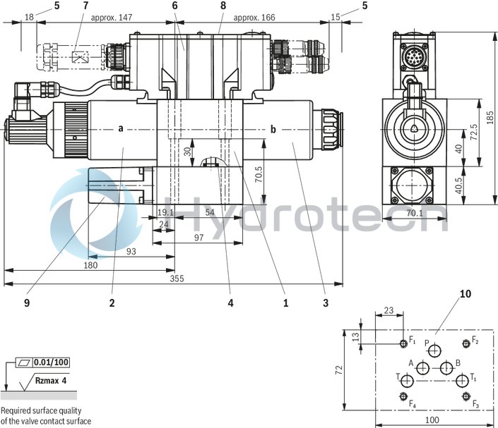 technical illustration-R901202350-Direct operated proportional directional valve with integrated digital control electronics for the pressure, force and flow control (Integrated Axis Controller IAC-P) Completely adjusted unit consisting of valve, pressure sensor(s) (optional), digital control electronics and field bus connection Operation by means of proportional solenoids with central thread and detachable coil Valve control spool, position-controlled Integrated pressure sensor plate (optional) For subplate mounting: Porting pattern according to ISO 4401 Analog interface for command and actual value Design for CAN bus with CANopen protocol DS 408 or Profibus-DP Quick commissioning via PC and WIN-PED 6 commissioning software