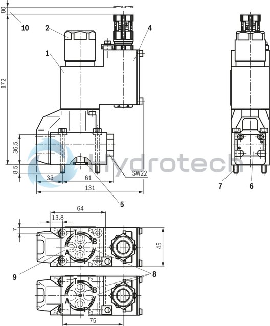 technical illustration-R901067845-2/2-, 3/2- or 4/2-way version For intended use in potentially explosive atmosphere Porting pattern according to ISO&nbsp;4401-03-02-0-05 (but without locating hole) Safe switching also with longer standstill periods under pressure Air-gap DC and AC solenoids Solenoid coil is rotatable by 90&deg; Electrical connection with individual connection and cable gland With concealed manual override, optional