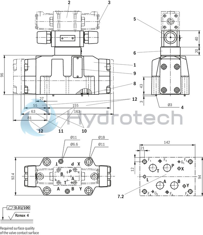 technical illustration-R901407515-Type of actuation: pneumatic-hydraulic For subplate mounting Porting pattern according to ISO&nbsp;4401 Subplates according to data sheets 45054 to 45060 (separate order) Spring centering, spring end position or hydraulic end position Optional auxiliary operating device Switching time adjustment, optional Preload valve in channel P of the main valve, optional Stroke setting at main spool, optional Stroke setting and/or end position control, optional Inductive position switch and proximity sensors (contactless)