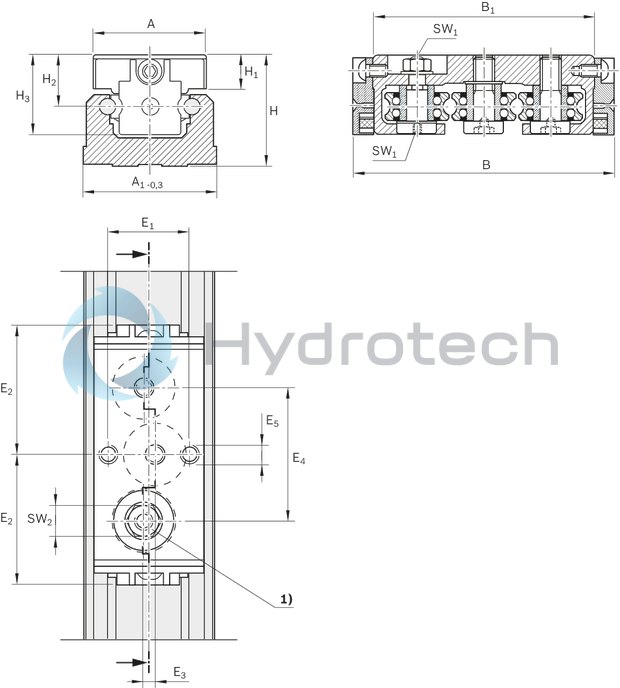 technical illustration-R190511900-The cam roller runner block (U-type) is characterized by the following product features: Format SNS, size 20, aluminum, accuracy economic, load class FN