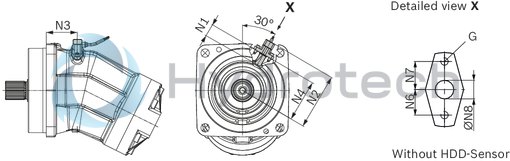 technical illustration-R902160930-Large variety of available nominal sizes allows exact adjustment to the application High power density Very high total efficiency High starting efficiency Working ports SAE flange or thread Optional with integrated pressure relief valve Optional with mounted addifitonal valve: counterbalance valve (BVD/BVE), flushing and boost-pressure valve Bent-axis design
