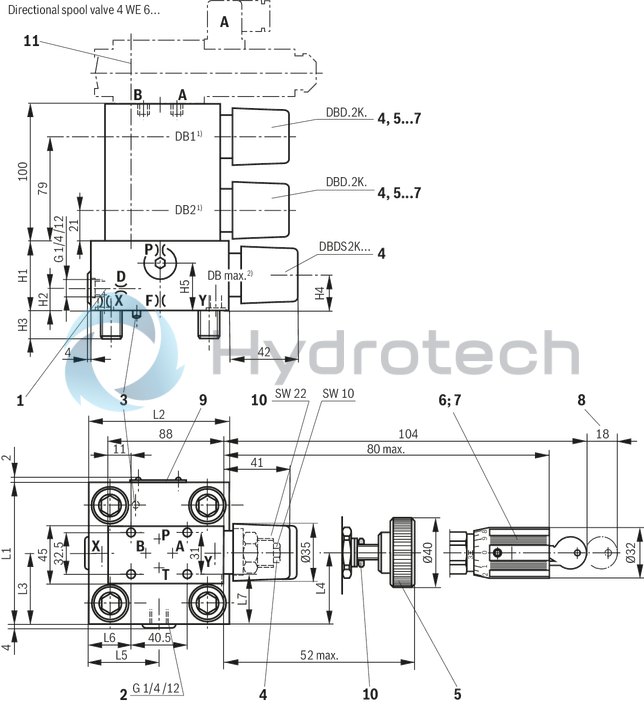 technical illustration-R901091611-Size 63, manual pressure adjustment, triple, switchable, with mounting surface ISO4401