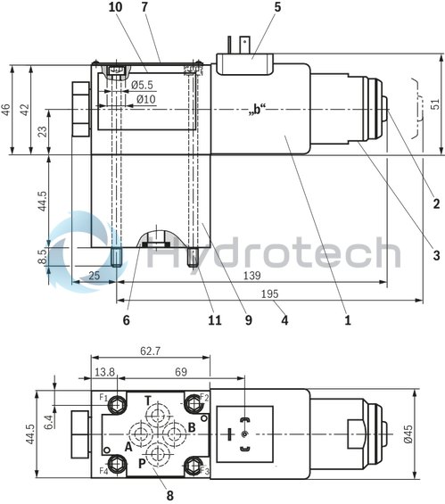 technical illustration-R901271235-3/2- or 4/2-way version Porting pattern according to ISO&nbsp;4401-03-02-0-05 (but without locating hole) Wet-pin DC solenoids Safe switching also with longer standstill periods under pressure Solenoid coil can be rotated by 90&deg; Electrical connection with individual connection With manual override, optional