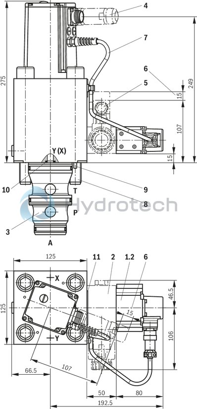 technical illustration-R901212336-High-response valve in block installation design Suitable for position, pressure, force and velocity control Pilot valve: 2-stage, mechanically returned Sercos valve NG6 or 10, trimmed, opens the main stage from A to T in case of power failure and applied pilot pressure Main stage with position control Integrated electronics (OBE) Typical applications:<br>
Presses<br>
Die casting machines<br>
Nibbling axes