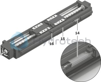 technical illustration-R030519868-Repeatability of up to &plusmn; 0.005 mm Positioning accuracy of up to &plusmn; 0.01 mm Guiding accuracy of up to &plusmn; 0.005 mm Quick installation and easy alignment of the axes thanks to the machined reference edge on the frame Simple motor mounting thanks to the centering recess and fastening thread Protection of the installation elements by selectable sheet cover