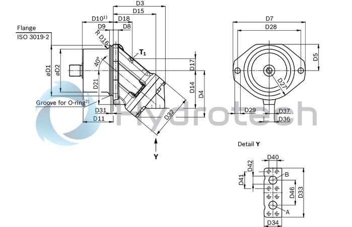technical illustration-R902160744-Space-saving construction due to recessed mounting flange Easy to install, simply slide into the mechanical gearbox High power density Very high total efficiency High starting efficiency Optional with integrated pressure relief valve Optional with mounted addifitonal valve: counterbalance valve (BVD/BVE), flushing and boost-pressure valve Bent-axis design