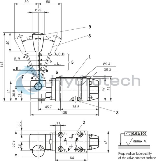 technical illustration-R900479281-4/3-, 4/2- or 3/2-way version Porting pattern according to DIN&nbsp;24340 form A (without locating hole) Porting pattern according to ISO&nbsp;4401-03-02-0-05 (with locating hole) Type of actuation: hand lever Inductive position switch and proximity sensors (contactless)