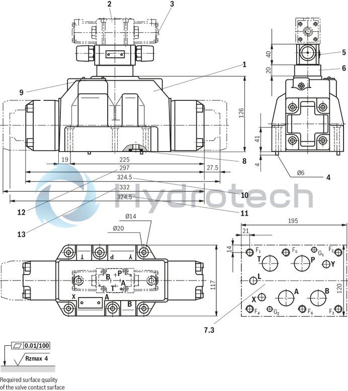 technical illustration-R901407515-Type of actuation: pneumatic-hydraulic For subplate mounting Porting pattern according to ISO&nbsp;4401 Subplates according to data sheets 45054 to 45060 (separate order) Spring centering, spring end position or hydraulic end position Optional auxiliary operating device Switching time adjustment, optional Preload valve in channel P of the main valve, optional Stroke setting at main spool, optional Stroke setting and/or end position control, optional Inductive position switch and proximity sensors (contactless)
