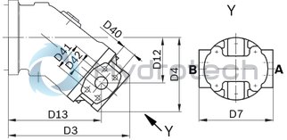 technical illustration-R902160930-Large variety of available nominal sizes allows exact adjustment to the application High power density Very high total efficiency High starting efficiency Working ports SAE flange or thread Optional with integrated pressure relief valve Optional with mounted addifitonal valve: counterbalance valve (BVD/BVE), flushing and boost-pressure valve Bent-axis design
