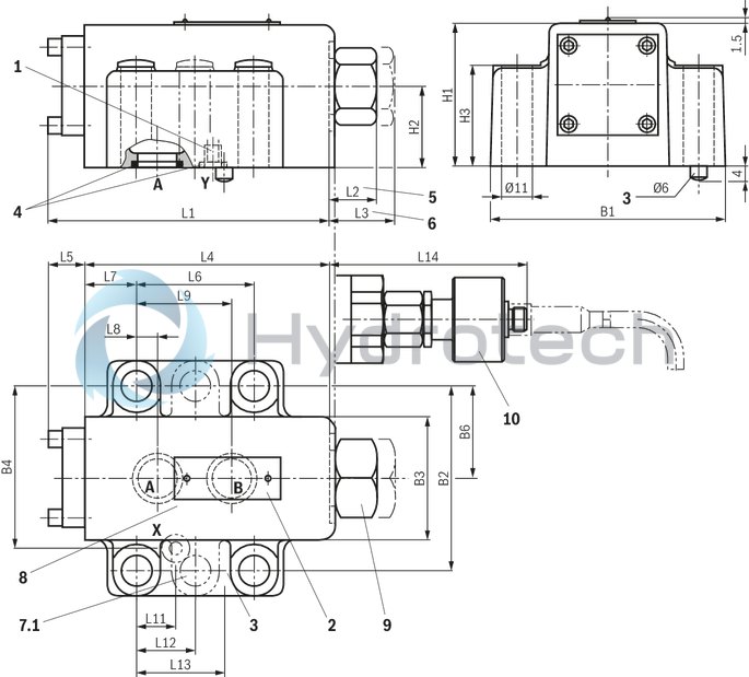 technical illustration-R900463364-For subplate mounting Porting pattern according to ISO&nbsp;5781-06-07-0-00 (NG10), ISO&nbsp;5781-08-10-0-00 (NG20), ISO&nbsp;5781-10-13-0-00 (NG32) For threaded connection For the leakage-free blocking of one actuator port Pilot oil return, internal Version with pre-opening for dampened release, optional Various cracking pressures, optional Check valve installation sets available individually Corrosion-protected design
