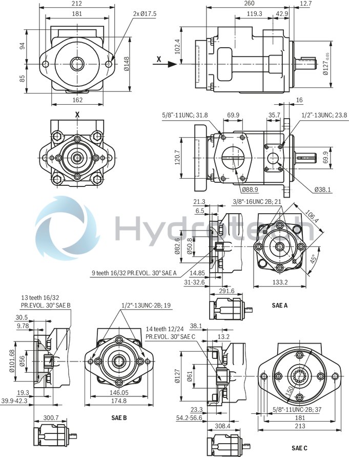 technical illustration-R901490342-Fixed displacement, size 122 cm³, pressure 175 bar, clockwise rotation, 600-1800 rpm, mounting flange SAE-C