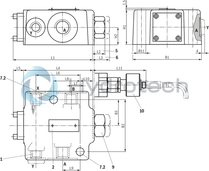 technical illustration-R900457388-For subplate mounting Porting pattern according to ISO&nbsp;5781-06-07-0-00 (NG10), ISO&nbsp;5781-08-10-0-00 (NG20), ISO&nbsp;5781-10-13-0-00 (NG32) For threaded connection For the leakage-free blocking of one actuator port Attachment possibility for directional spool valve or directional seat valve, optional Pilot oil return, external Version with pre-opening for dampened release, optional Various cracking pressures, optional Check valve installation sets available individually Corrosion-protected design
