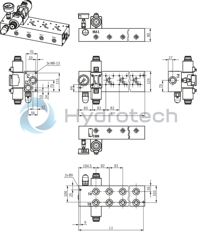 technical illustration-R901287180-Base element for ready-for-connection controls in vertical stacking design Compact hydraulic controls Common pump and tank line Separate actuator ports of the stations Measuring ports in the actuator lines Mounting of NG10 sandwich plates and valves Pressure relief valve type DBD in pressure line P Connection possibility of a pressure gauge in pressure line P