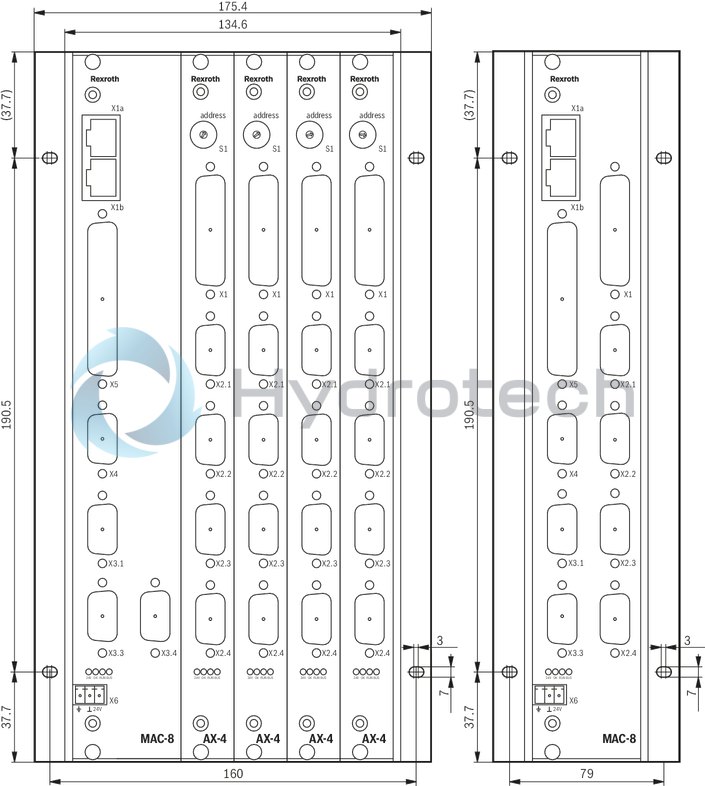technical illustration-R901075738-The MAC8 is the digital Rexroth multi-axis NC control in modular design. It consists of a master card with no, 2 or 4 axis controllers and can be extended with up to seven slave cards for four axes each, if necessary. It is thus the perfect solution for complex control tasks with up to 32 interpolatable axes. Using local Ethernet, more MAC8 can be connected. The MAC8 communicates with the superior PLC machine control via field bus (PROFIBUS DP or CAN) or via Ethernet. It has special hydraulic control characteristics and is able to control the movements of the machine or machine parts in a completely automatic manner and can thus also accept PLC tasks. Sensors and actuators can also be analyzed and/or activated via CAN bus.
