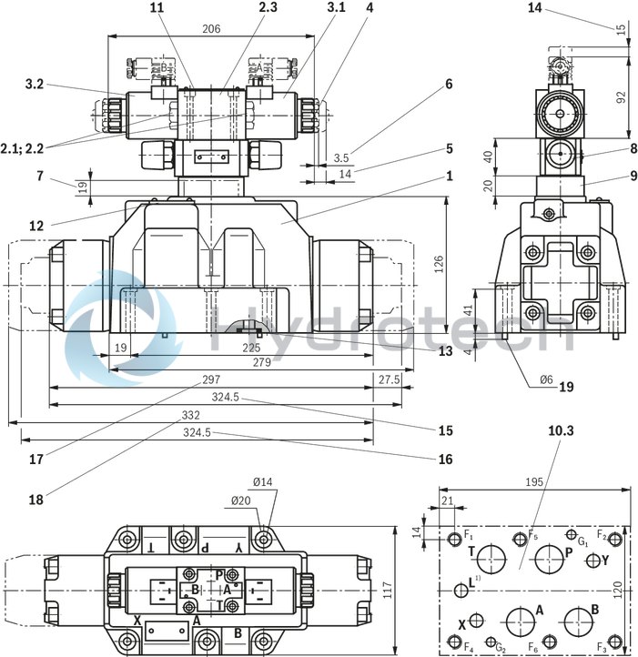 technical illustration-R978024207-Types of actuation (internal or external pilot control): Electro-hydraulic (type WEH) For subplate mounting Porting pattern according toISO&nbsp;4401 4/3-, 4/2- or 3/2-way version Spring or pressure centering, spring end position or hydraulic end position Wet-pin DC or AC solenoids, optional Electrical connection as individual or central connection Optional versions:<br>
- Manual override<br>
- Switching time adjustment<br>
- Preload valve in channel P of the main valve<br>
- Stroke setting and/or spool position monitoring
