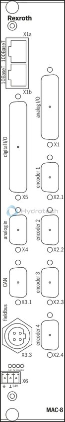 technical illustration-R901075738-The MAC8 is the digital Rexroth multi-axis NC control in modular design. It consists of a master card with no, 2 or 4 axis controllers and can be extended with up to seven slave cards for four axes each, if necessary. It is thus the perfect solution for complex control tasks with up to 32 interpolatable axes. Using local Ethernet, more MAC8 can be connected. The MAC8 communicates with the superior PLC machine control via field bus (PROFIBUS DP or CAN) or via Ethernet. It has special hydraulic control characteristics and is able to control the movements of the machine or machine parts in a completely automatic manner and can thus also accept PLC tasks. Sensors and actuators can also be analyzed and/or activated via CAN bus.