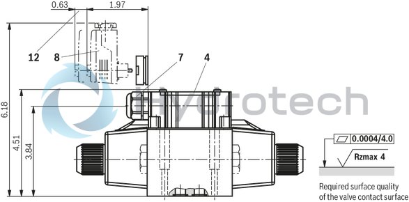 technical illustration-R900503405-4/3-, 4/2- or 3/2-way version High-power solenoid Porting pattern according to ISO&nbsp;4401-05-04-0-05 Wet-pin AC solenoids with detachable coil Solenoid coil is rotatable by 90° The coil can be changed without having to open the pressure-tight chamber Electrical connection as individual connection or central connection Optional auxiliary operating device

