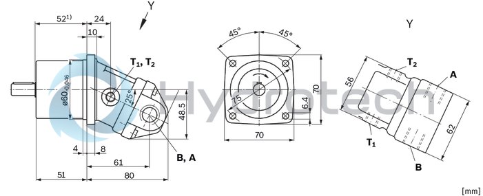 technical illustration-R902160930-Large variety of available nominal sizes allows exact adjustment to the application High power density Very high total efficiency High starting efficiency Working ports SAE flange or thread Optional with integrated pressure relief valve Optional with mounted addifitonal valve: counterbalance valve (BVD/BVE), flushing and boost-pressure valve Bent-axis design

