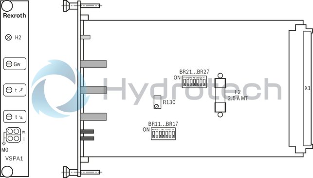 technical illustration-R978918205-Differential input, switchable from voltage to current input Additional non-isolated command value input Ramp generator, separately adjustable for upwards and downwards direction Cable break detection for current input 4 to 20&nbsp;mA Reverse polarity protection for the operating voltage Short-circuit protection and cable break detection of the solenoid conductor "Ready for operation" message Clocked power output stage