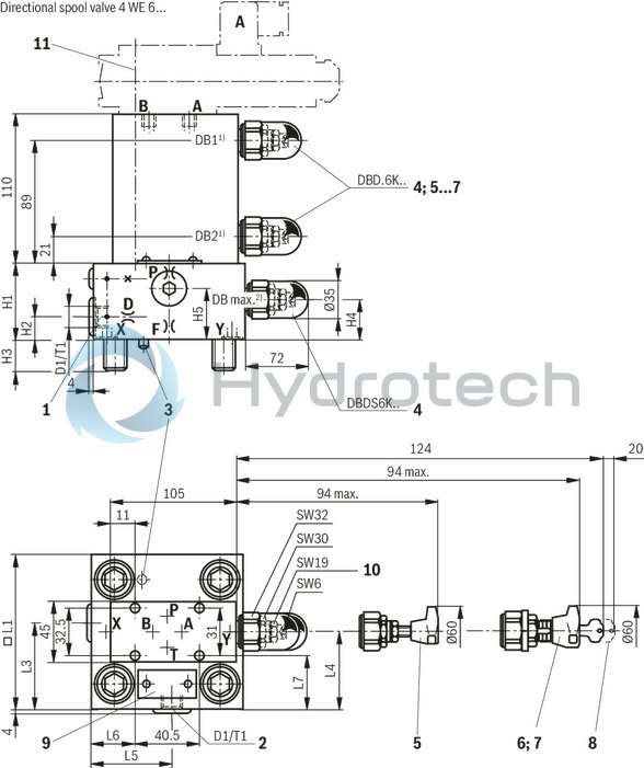 technical illustration-R901091611-Size 63, manual pressure adjustment, triple, switchable, with mounting surface ISO4401