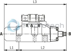 technical illustration-R901407515-Type of actuation: pneumatic-hydraulic For subplate mounting Porting pattern according to ISO&nbsp;4401 Subplates according to data sheets 45054 to 45060 (separate order) Spring centering, spring end position or hydraulic end position Optional auxiliary operating device Switching time adjustment, optional Preload valve in channel P of the main valve, optional Stroke setting at main spool, optional Stroke setting and/or end position control, optional Inductive position switch and proximity sensors (contactless)