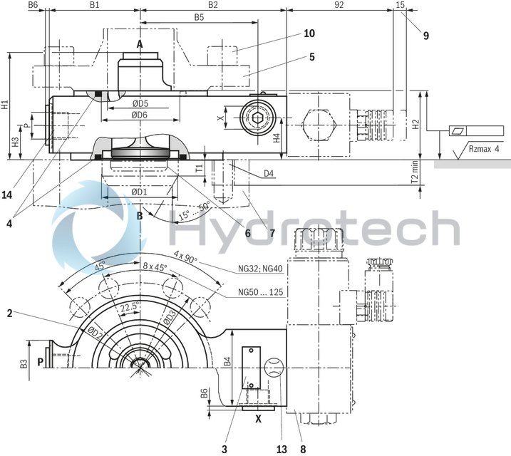 technical illustration-R901090317-Pilot operated check valve in sandwich plate design Directional valve set-up, optional High-pressure connection (NG32 &hellip; 160) Integrated throttle check valve (NG50, 63, 80 and 200)