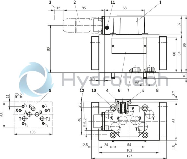technical illustration-R901133616-4/3-way version, can also be used as 3-way version For intended use in potentially explosive areas of zone 0 Valve to control position, force, pressure or velocity 2-stage servo valve with mechanical feedback, 1st stage as nozzle flapper plate amplifier For subplate mounting Porting pattern according to ISO&nbsp;4401-05-05-0-05 with ports X and Y Dry control motor, no contamination of the solenoid gaps by the hydraulic fluid Wear-free spool feedback element External control electronics in modular design, additional safety barrier (separate order) Valve is adjusted and tested Internal/external pilot oil supply and return can be ordered individually Spool with flow force compensation Control sleeve centrically fixed, thus low susceptibility to temperature and pressure Pressure chambers at the control sleeve with gap seal, therefore no wear of the seal ring Filter for 1st stage freely accessible from the outside