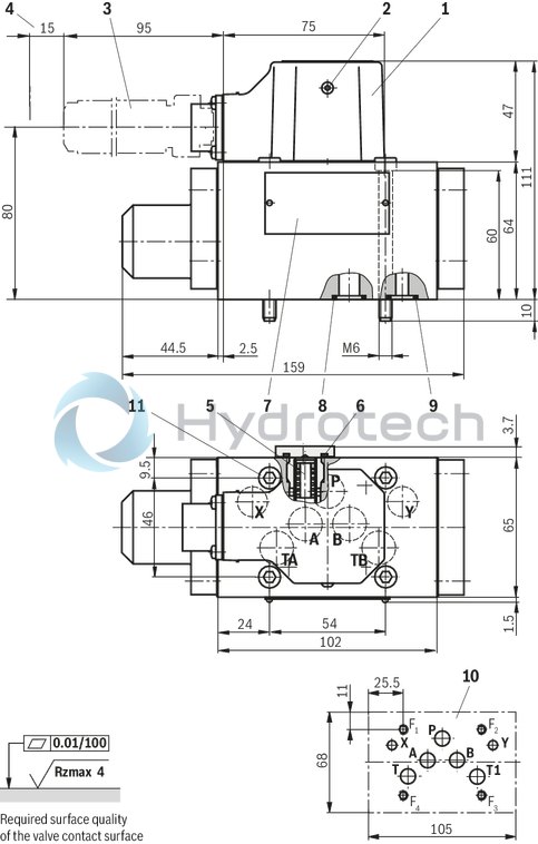 technical illustration-R901016900-Valve to control position, force, pressure or velocity 2-stage servo valve with mechanical or mechanical and electrical feedback 1st stage nozzle/flapper plate amplifier For subplate mounting: Porting pattern according to ISO 4401 Dry control motor, no contamination of the solenoid gaps by the hydraulic fluid Can also be used as 3-way version Wear-free control spool return element Control external or with integrated electronics (OBE) Valve and integrated control electronics are adjusted and tested Control spool with flow force compensation Control sleeve centrically fixed, thus low susceptibility to temperature and pressure Pressure chambers at the control sleeve with gap seal, therefore no wear of the seal ring Filter for 1st stage freely accessible from the outside