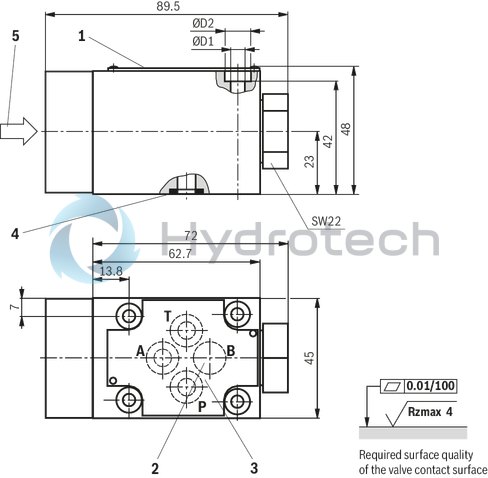 technical illustration-R901364152-Direct operated directional seat valve with mechanical actuation Porting pattern according to DIN24340, form A (without locating hole) Safe switching also with longer standstill periods under pressure Operating methods: mechanical (roller plunger) Inductive position switch (contactless), optional