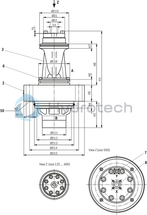 technical illustration-R900247925-Pilot operated check valve, with or without pre-decompression Flange connection Tank installation Cartridge valve without control open spool (check valve) Reduced switching noises due to damping measures Rotatable low-pressure connection (housing) Inductive position switch, optional Higher operating pressures, on request
